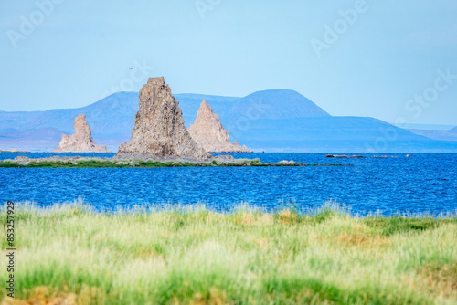 Limestone prehistoric chimneys geological rock formations in the middle of salt lake Abbe, Dikhil region, Djibouti photo