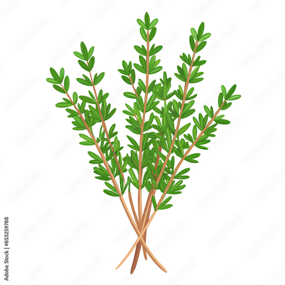 Fototapeta premium Flat vector image of fresh thyme herb with green leaves, shown whole and in bunches, on a white background.