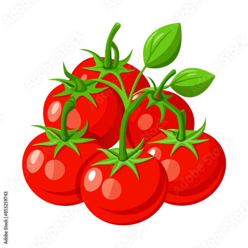 Flat vector image of ripe red tomatoes with green stems and leaves, arranged in a small cluster, on a white background.
