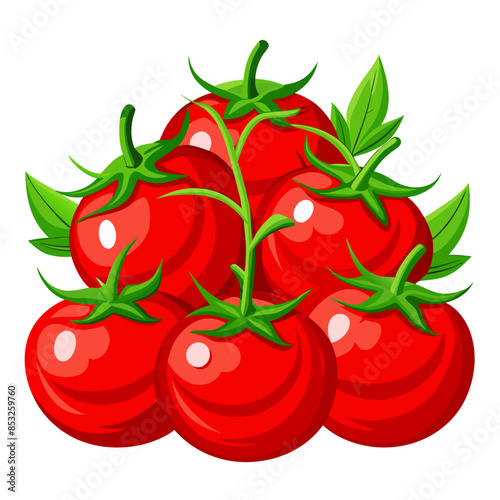 Flat vector image of ripe red tomatoes with green stems and leaves, arranged in a small cluster, on a white background.