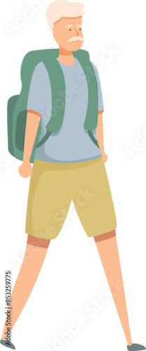 Elderly tourist is walking with a backpack, enjoying his vacation trip