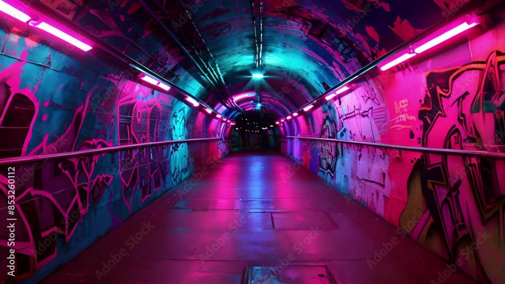 Amidst the vibrant tunnels there are bursts of neon graffiti art adding an urban and edgy vibe to the already pulsating environment.