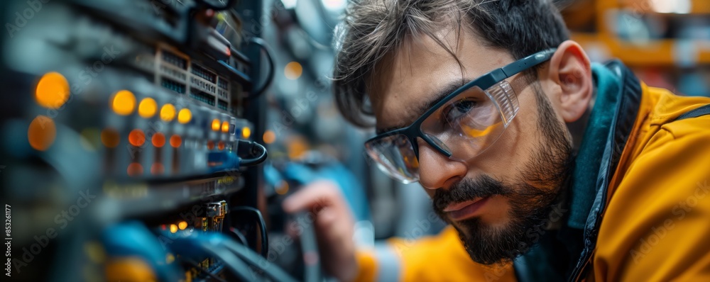 Obraz premium Close-up of an engineer's hand adjusting controls on a server rack in a data center