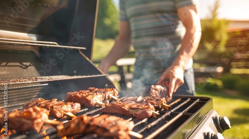 man is grilling meat on a gas grill in the backyard. The meat is seasoned and looks delicious. It's a perfect summer day for a family picnic and enjoying good food outdoors