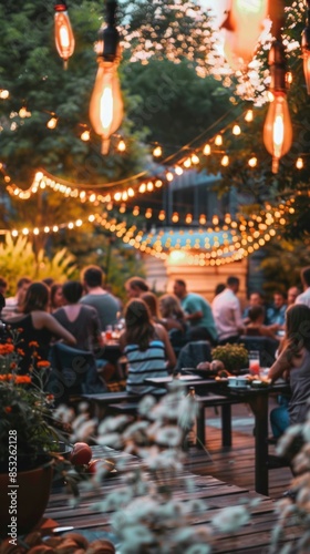 Group of people gathered outside on the deck of a restaurant on a summer evening