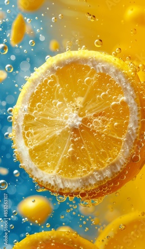 Close-up of a fresh lemon slice in sparkling water with bubbles in vibrant yellow and blue background