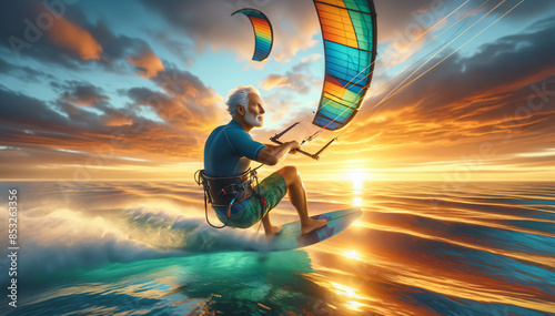 Meister des Winds: Älterer Kitesurfer in Aktion auf dynamischen Wellen