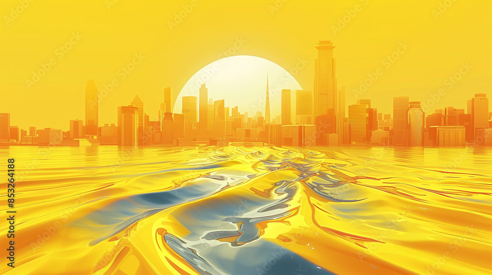 Abstract cityscape with a yellow background featuring two swirled shapes and a high horizon line. The upper half is empty, focusing on the central curved three-dimensional arc and curve shapes. The sc