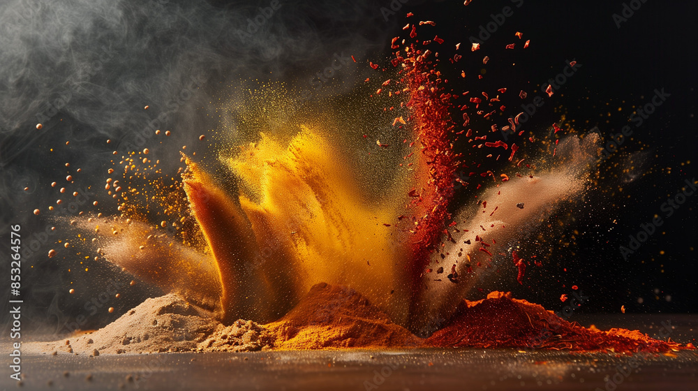 Naklejka premium spice explosion, propelling cloud of spices and herbs into the air