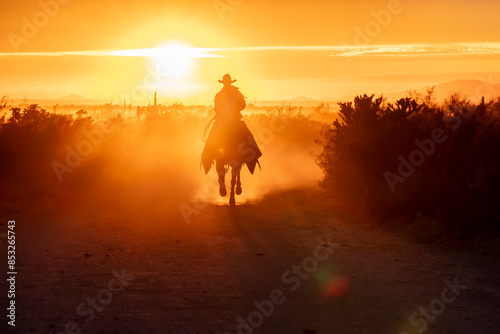 Φωτογραφία Silhouette of a ranch hand, or cowboy, riding his horse in the sunset
