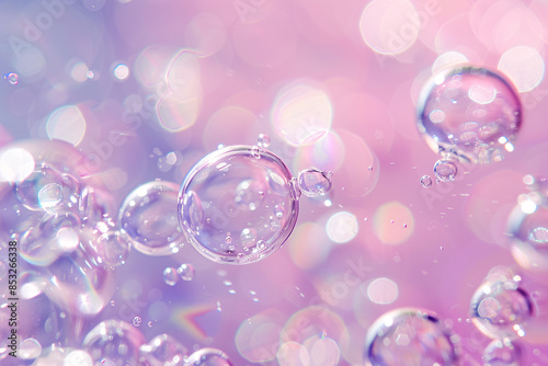 Transparent bubbles float on a pastel pink and purple abstract background