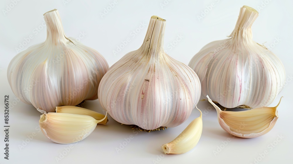 Obraz premium Three Garlic Bulbs and Cloves on White Background