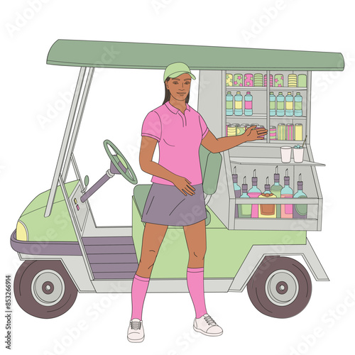 smiling golf club staff character African American female caddie with beverage golf car