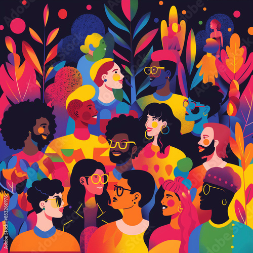 Voices United: A Diverse Crowd Champions LGBTQ+ Rights in Bold Illustration, Generative AI