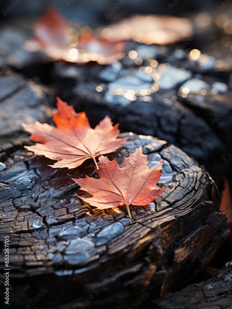 two maple leaves sit on top of a log two maple leaves sit on top of a log