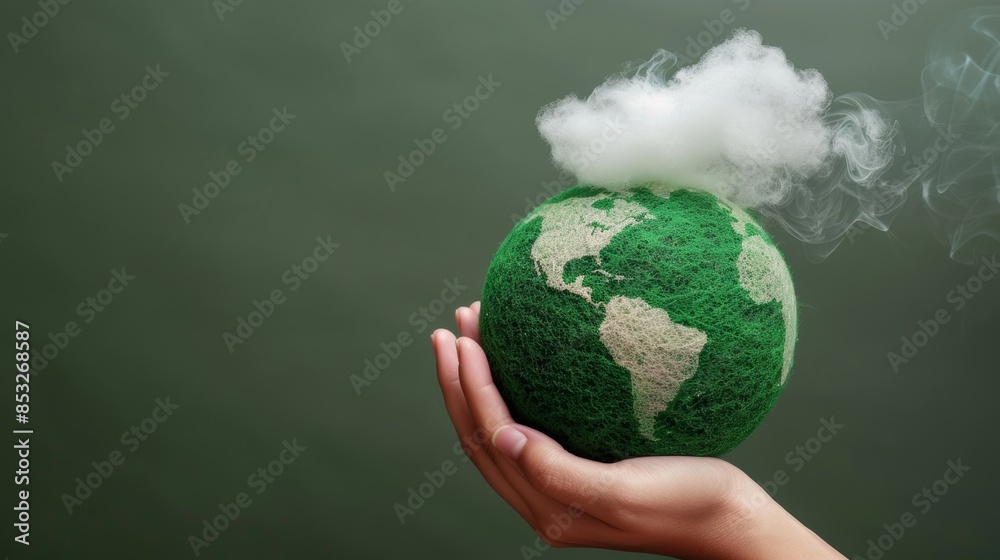 Hand holding green globe with map and have CO2 white cloud on top. Reduce CO2 emissions to limit climate change and global warming. Clean and friendly environment. World sustainable environment. Hand holding green globe with map and have CO2 white cloud on top. Reduce CO2 emissions to limit climate change and global warming. Clean and friendly environment. World sustainable environment.