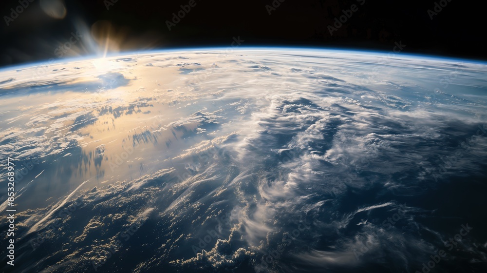 Fototapeta premium Earth From Space During Sunrise With White Clouds