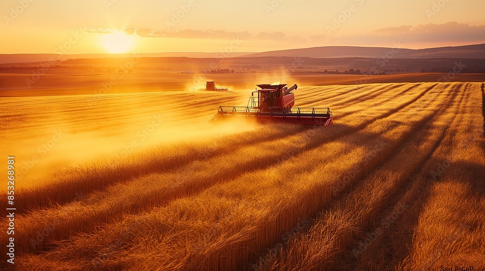 Fototapeta premium Combine Harvester Working in a Golden Wheat Field at Sunset