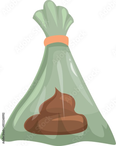 Illustration of a stinky dog poop lying in a tied plastic bag after the dog walk