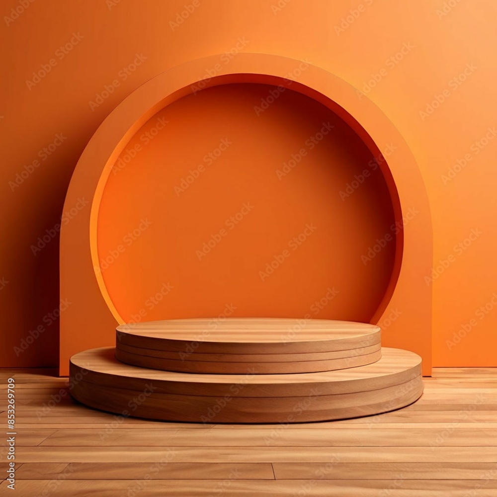 orange showcase with wooden platform orange showcase with wooden platform