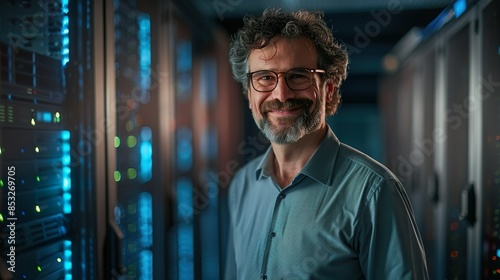 Experienced IT Specialist Smiling in Data Center with Blue Server Lights