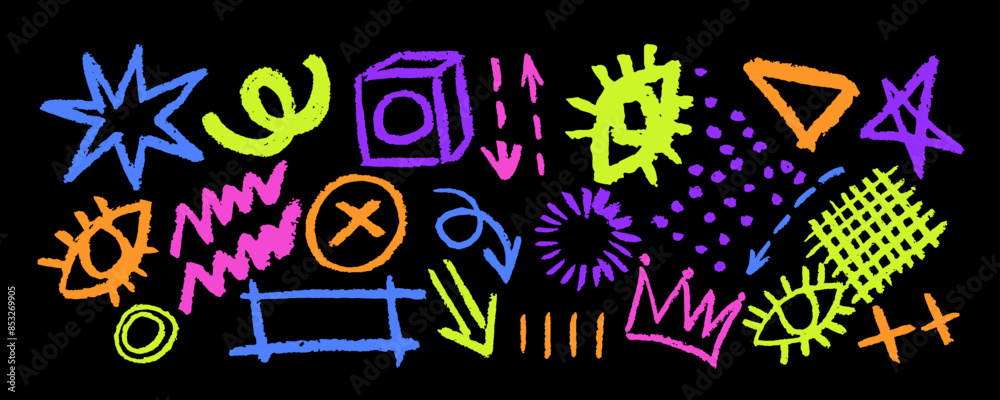 Set of colorful charcoal drawn symbols: eyes, stars, crowns, arrows, crosses, swirls and dots with dry brush texture. Exclamation and question marks. Bold graffiti style shapes. Vector trendy illustr Set of colorful charcoal drawn symbols: eyes, stars, crowns, arrows, crosses, swirls and dots with dry brush texture. Exclamation and question marks. Bold graffiti style shapes. Vector trendy illustr