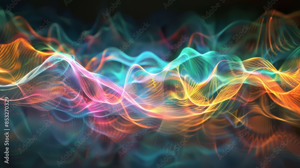 Fototapeta premium Dynamic abstract colorful flowing wave patterns with neon lights in vibrant hues. The scene is characterized by smooth, intertwining curves and a glowing, energetic atmosphere
