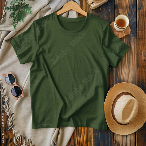 Green t-shirt mockup lying on rustic wooden background with hat and sunglasses, Bella Canvas 3001 T-Shirt Mock-Up