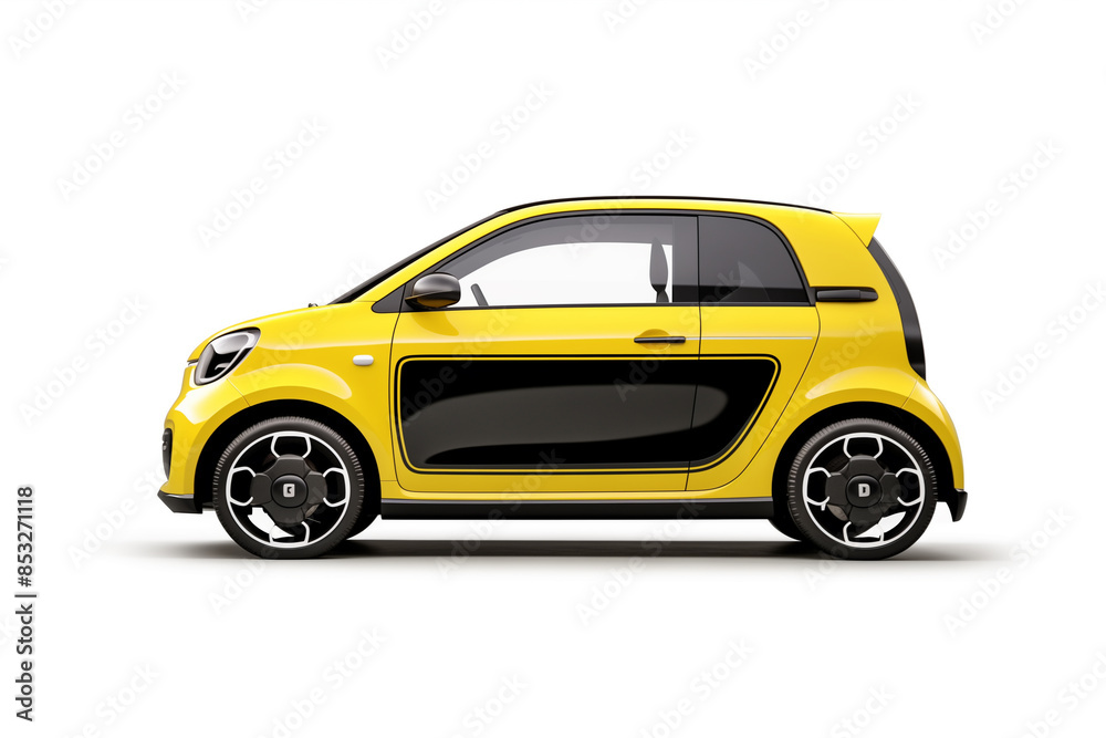 A small yellow car showing a side view, on a white background with white floor, for car advertising photography and car poster design, minimalist style. Electric city minicar A small yellow car showing a side view, on a white background with white floor, for car advertising photography and car poster design, minimalist style. Electric city minicar