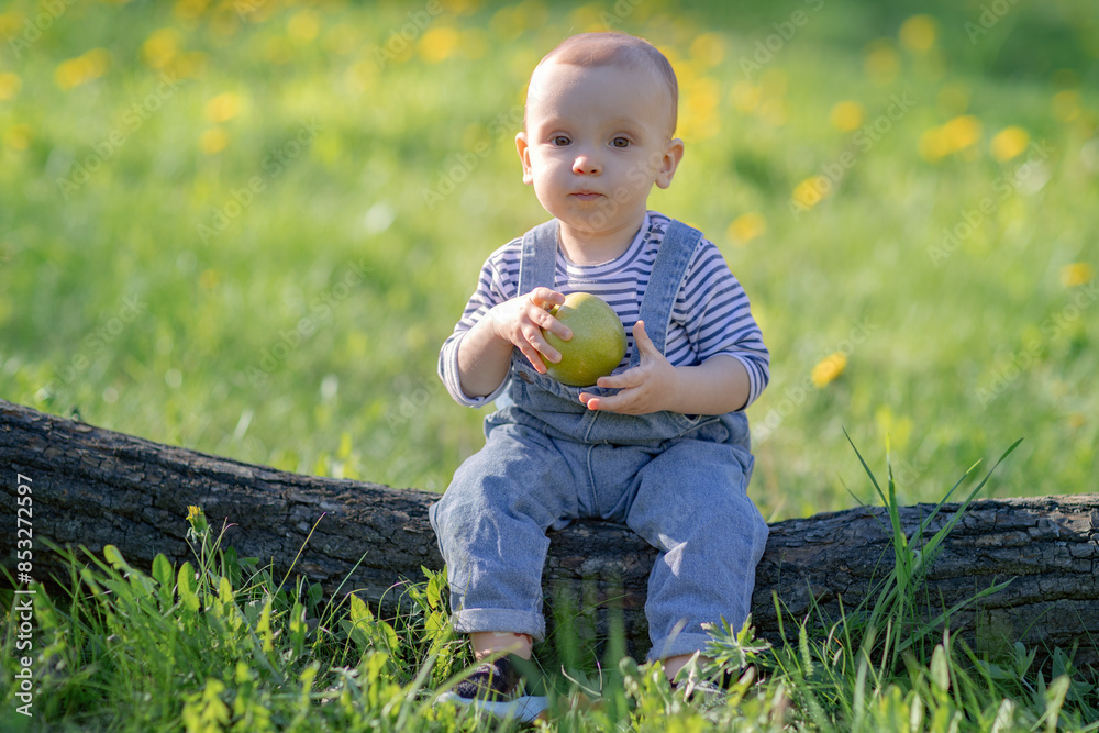 A small child is sitting and holding an apple in his hands. A small child is sitting and holding an apple in his hands.