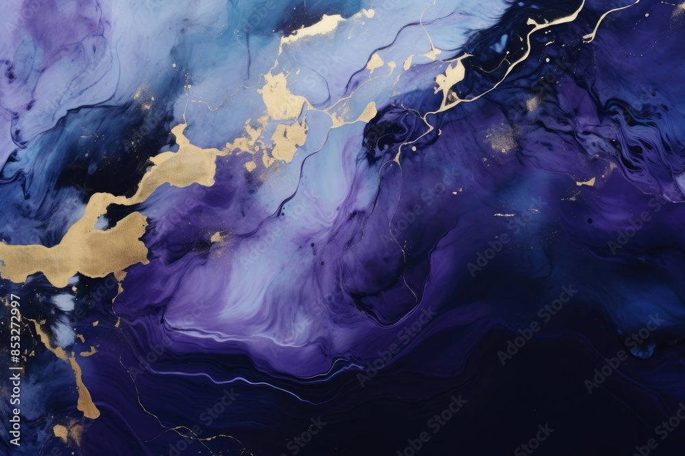 Purple and blue abstract marble with gold veins natural background. Closeup of granite stone. Texture for design ceramic tile, card, banner, poster