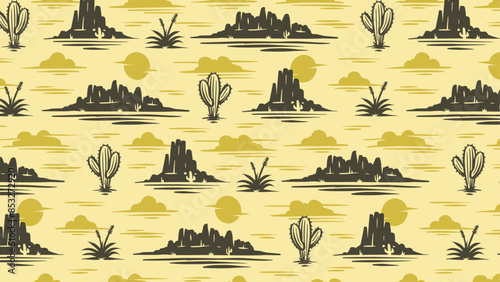Repeating Desert Cactus Pattern with mountains an clouds seamless vector