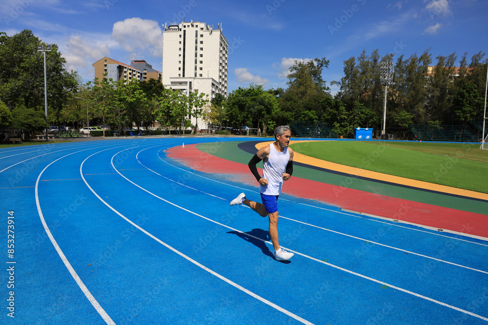 Fototapeta premium Senior Asian athlete is practicing running in the professional blue track for professional exercise, sport training workout and healthy for longevity concept
