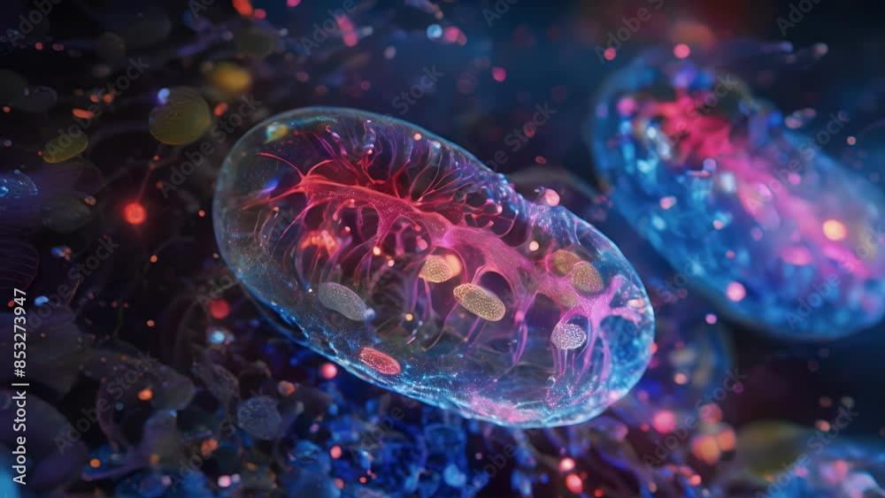Mitochondrial fusion depicted through a colorcoded fluorescence animation with red and blue indicating two distinct organelles.