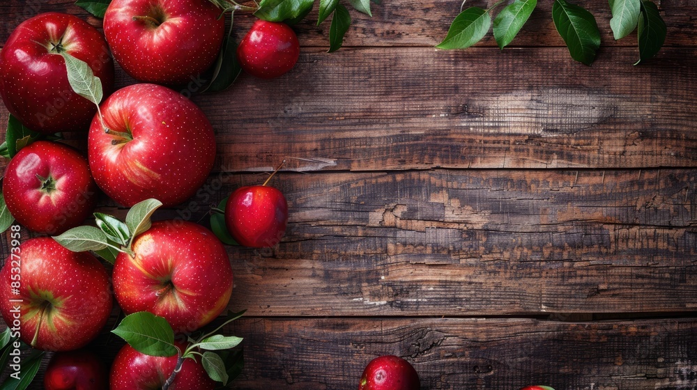Fresh red apples on a wooden table with green leaves set against a wooden background Top view with space for text
