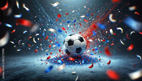 Energetic Soccer Goal Celebration with blue, white and red confetti, Generative Ai