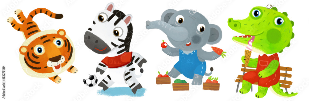Obraz premium cartoon scene with happy little boy tiger cat and zebra horse with ball having fun on white background illustration for children
