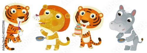 cartoon scene with happy little boy tiger cat and lion cooking having fun on white background illustration for children