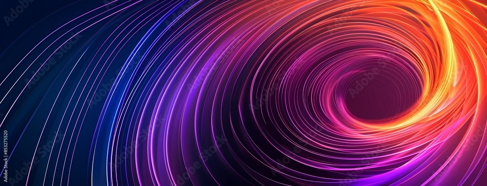 Fototapeta premium Abstract Flowing Glowing Spiral Lines of Vibrant Dark Blue, Purple and Orange Colors in Dynamic Curved Patterns Background Banner