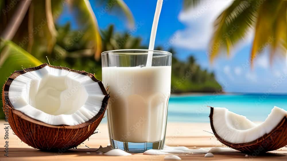 A glass of milk with a piece of coconut on the table. The coconut is partially cut open and the milk is poured into the glass. The scene is set on a beach with palm trees in the background A glass of milk with a piece of coconut on the table. The coconut is partially cut open and the milk is poured into the glass. The scene is set on a beach with palm trees in the background