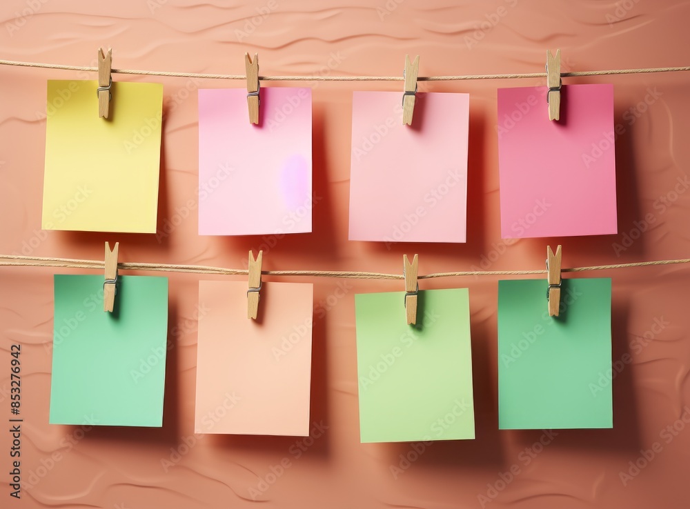 A row of colorful papers hanging on a clothesline, with notes attached by clothespins and illuminated by lights. A row of colorful papers hanging on a clothesline, with notes attached by clothespins and illuminated by lights.