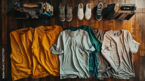 A collections of casual wear simple t-shirts and shoes