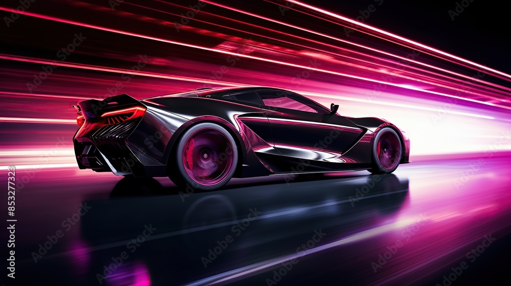 Black Sports Car in Motion with Neon Lights