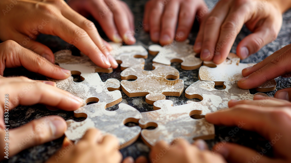 Hands collaborating to assemble white puzzle pieces, symbolizing teamwork, collaboration, problem-solving, and unity in achieving common goals. Generative AI Hands collaborating to assemble white puzzle pieces, symbolizing teamwork, collaboration, problem-solving, and unity in achieving common goals. Generative AI