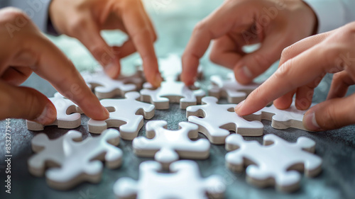 Hands collaborating to assemble white puzzle pieces, symbolizing teamwork, collaboration, problem-solving, and unity in achieving common goals. Generative AI
