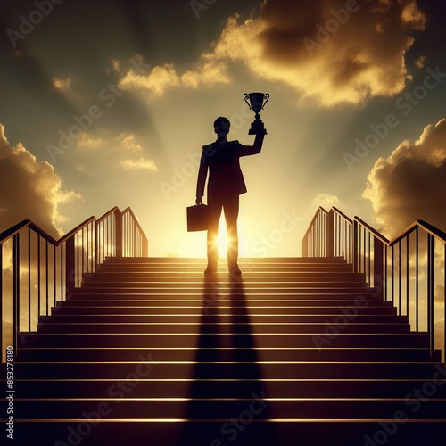 Stairway to Success: Businessman conquers the climb, trophy held high under a fiery sunset. generative AI