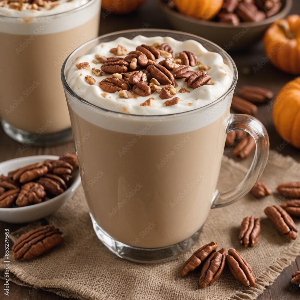 Festive Fall Treat Maple Pecan Latte with Crunchy Pecans and Maple Syrup Drizzle Festive Fall Treat Maple Pecan Latte with Crunchy Pecans and Maple Syrup Drizzle