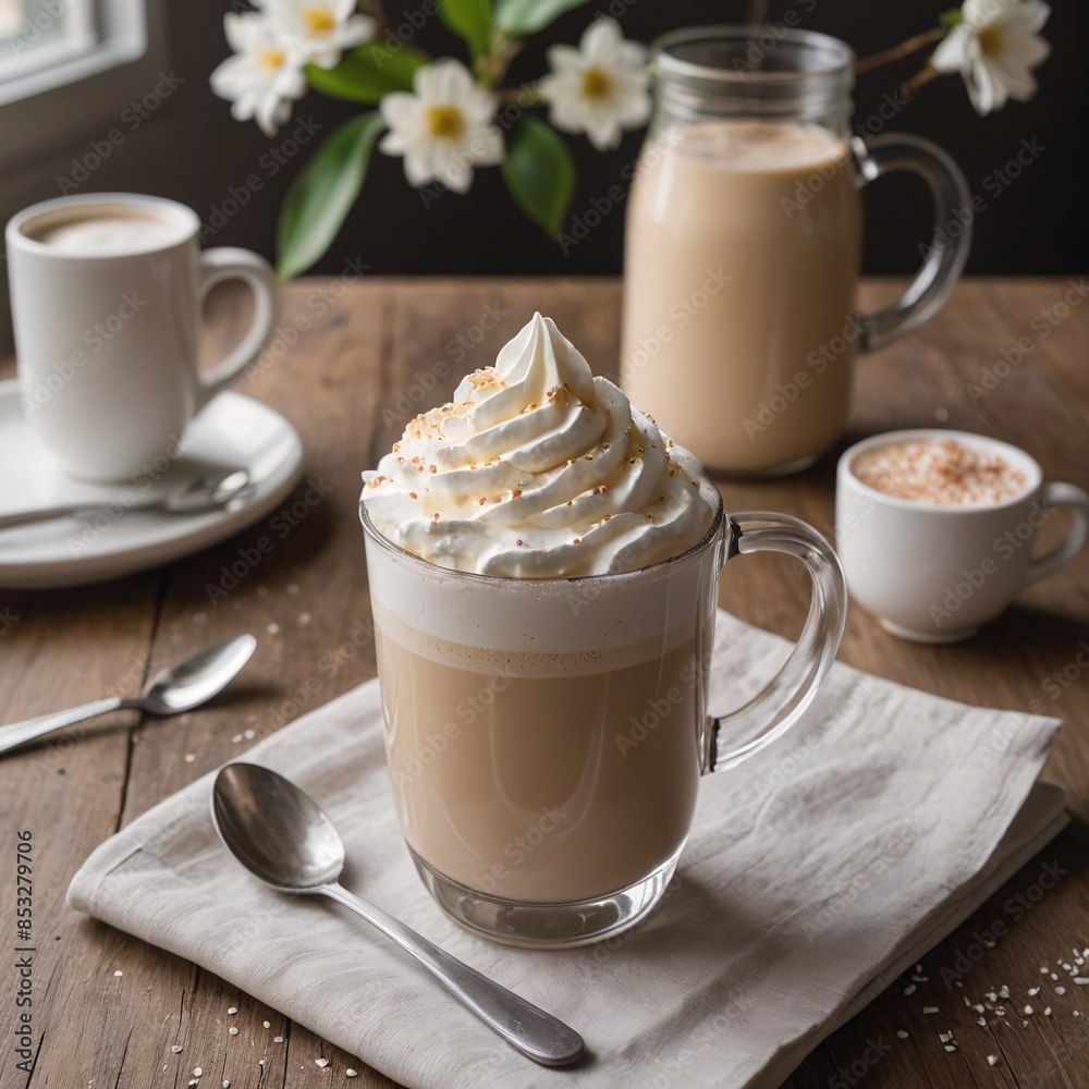 Delicious Vanilla Bean Latte with Whipped Cream on a Relaxing Spring Day Delicious Vanilla Bean Latte with Whipped Cream on a Relaxing Spring Day