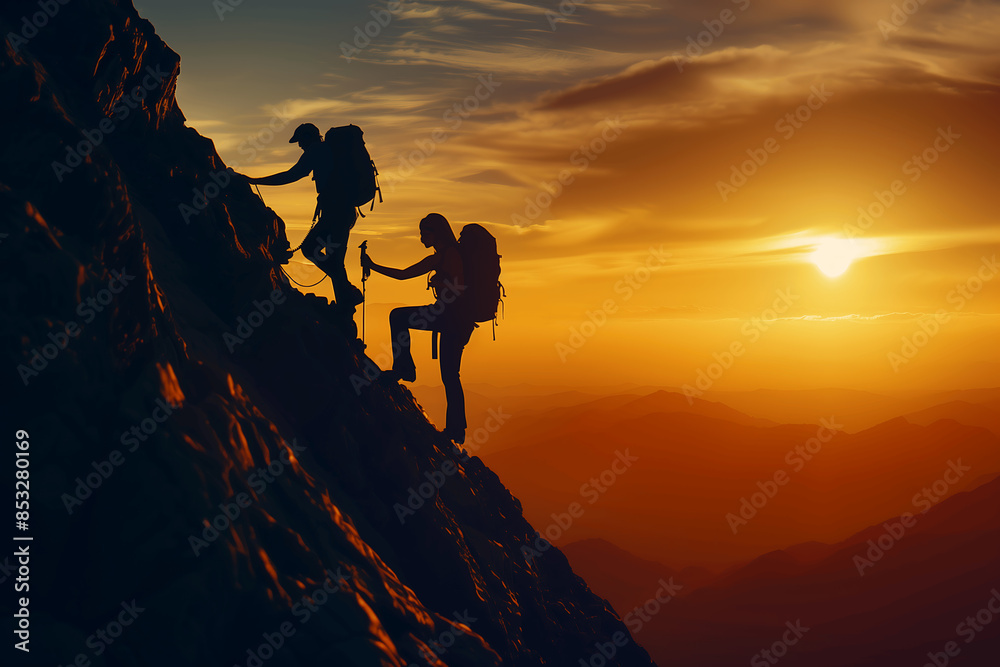 Silhouettes of people climbing up the mountain with sunset in the background Silhouettes of people climbing up the mountain with sunset in the background
