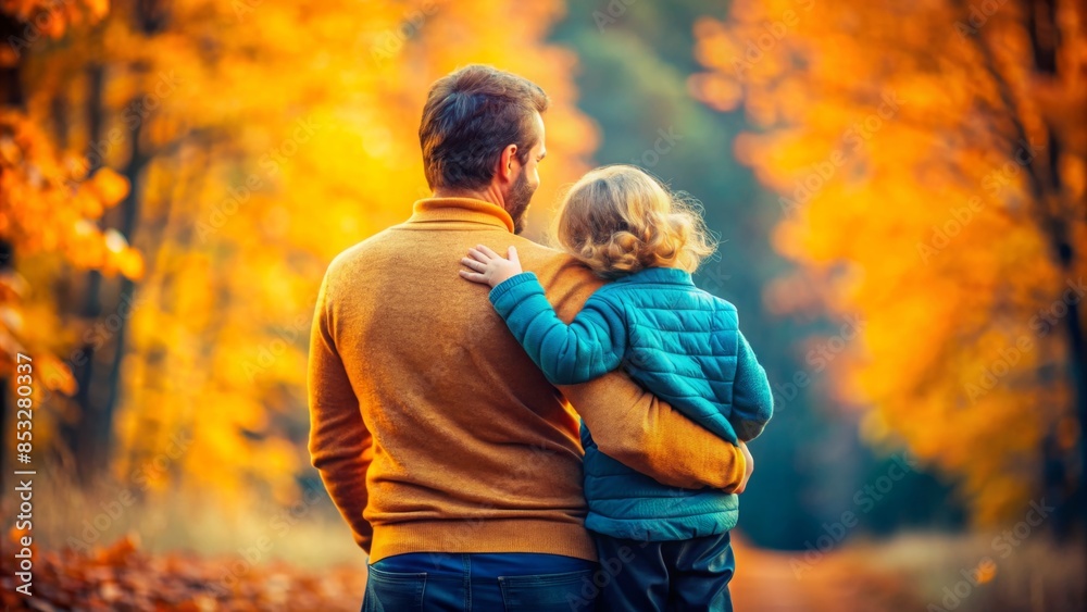 Fototapeta premium Father And Child Walking In Autumn Forest